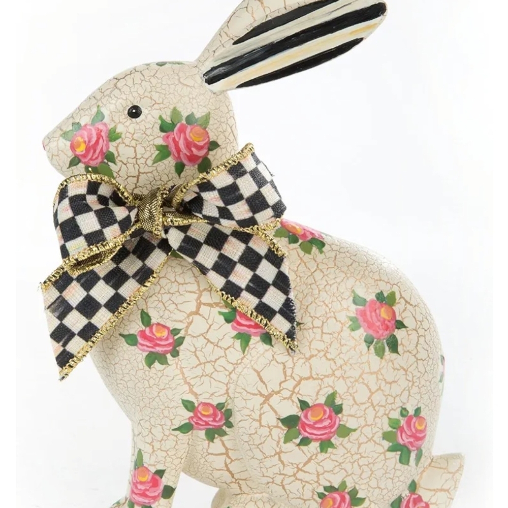 Cream Floral Crackle Bunny Figurine with Black-White Check Bow MACKENZIE-CHILDS